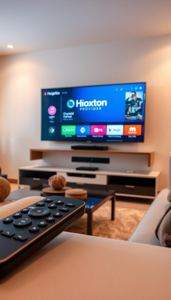 A modern living room with a large flatscreen TV prominently displayed. On the TV screen, an alternative IPTV service interface is shown, featuring the "Hoxtoon Provider" brand prominently. The room is well-lit, with a warm, inviting atmosphere. In the foreground, a sleek remote control and a streaming device are visible, suggesting the ease of accessing the IPTV service. The middle ground includes a comfortable couch and a coffee table, creating a cozy setting for enjoying the IPTV experience. The background features minimalist decor, allowing the TV and the IPTV interface to be the focal point of the scene.