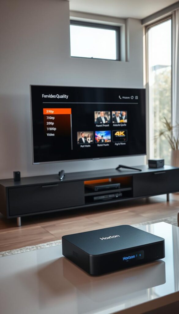 A modern living room with a large, high-definition TV screen prominently displayed. In the foreground, a sleek and contemporary media center houses various streaming devices, including a Hoxtoon Provider box. The screen displays a user interface showcasing different video quality options, from 720p to 4K, illustrating the versatility of the IPTV service. The room is brightly lit, with natural light filtering in through large windows, creating a warm and inviting atmosphere. The decor is minimalist, with clean lines and neutral tones, allowing the technology to take center stage. The overall scene conveys the seamless integration of high-quality IPTV streaming into a modern living space.