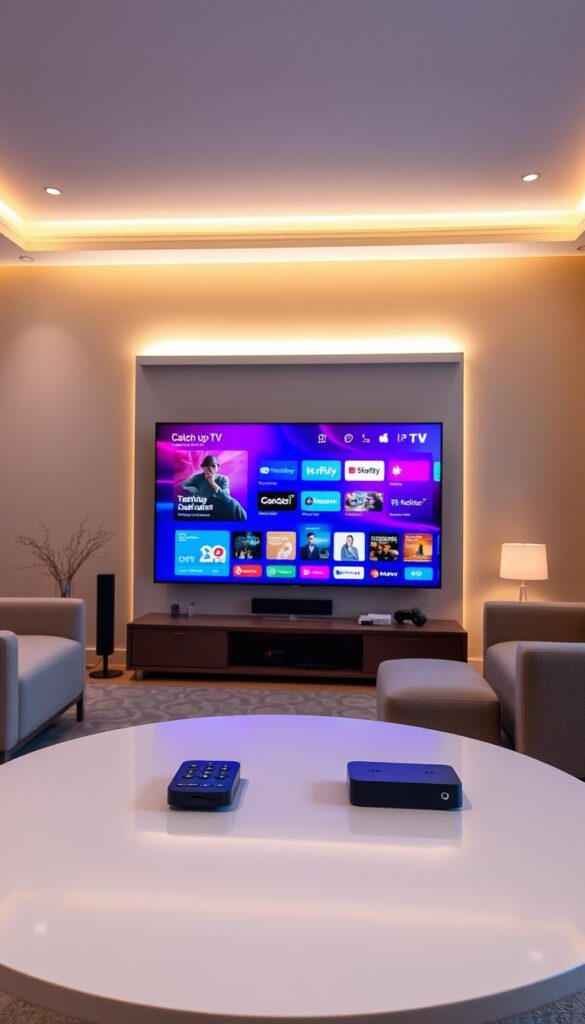A modern living room with a large, sleek OLED TV displaying a vibrant interface for a Hoxtoon Provider IPTV service. Soft, diffused lighting illuminates the scene, creating a cozy and inviting atmosphere. The TV's interface showcases a selection of "catch-up TV" options, allowing the viewer to easily access recently aired content. In the foreground, a minimalist, contemporary coffee table with a remote control and a streaming device hints at the seamless integration of IPTV technology into the home environment. The middle ground features comfortable, stylish seating arrangements, while the background showcases neutral-toned walls and subtle decor, keeping the focus on the central IPTV experience.