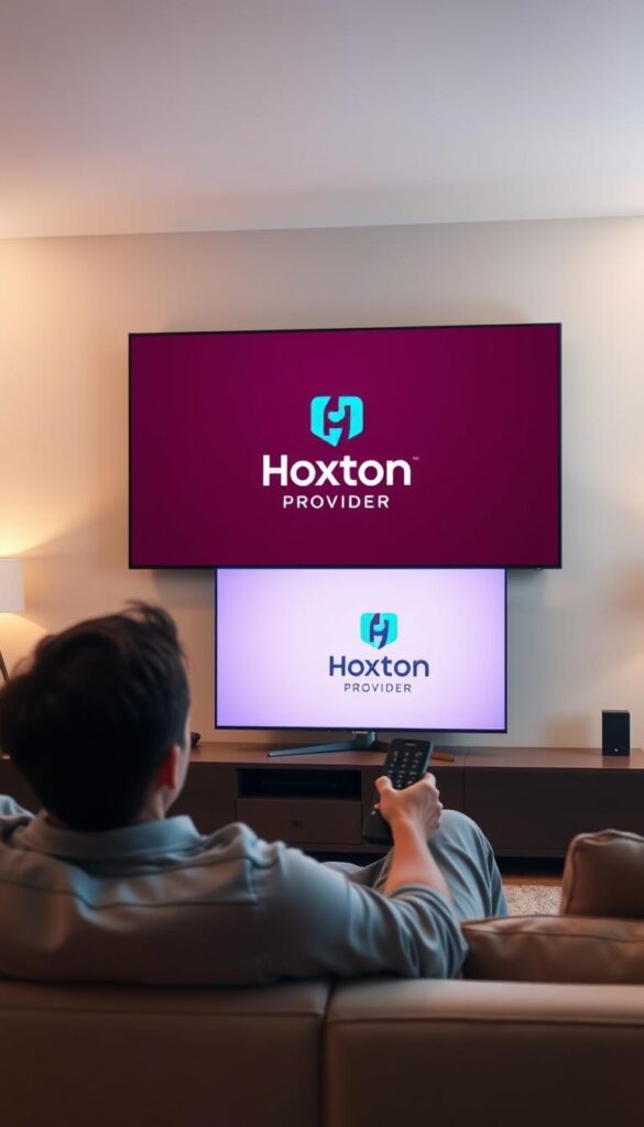 A modern living room with a large, sleek flat-screen TV mounted on the wall. The room is bathed in warm, ambient lighting, creating a cozy and inviting atmosphere. In the foreground, a person is lounging on a comfortable couch, holding a remote control and intently focused on the TV screen. The TV displays the Hoxtoon Provider logo, showcasing their on-demand streaming service, which offers a vast library of content at the user's fingertips. The background features minimalist decor, with clean lines and a neutral color palette, emphasizing the technology-driven, yet relaxing nature of the scene.