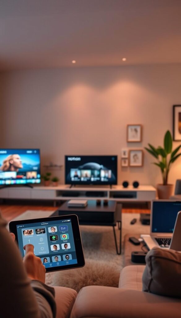 A modern living room with a sleek entertainment center, displaying multiple streaming devices connected to a large smart TV. The room is bathed in warm, diffused lighting, creating a cozy and inviting atmosphere. In the foreground, a user seamlessly navigates the intuitive Hoxtoon Provider interface on a tablet, while a smartphone and a laptop are also visible, showcasing the multi-device streaming capabilities. The middle ground features various remote controls and a cable box, hinting at the integration of traditional and modern media consumption. The background includes plants, artworks, and minimalist decor, establishing a stylish and contemporary setting.