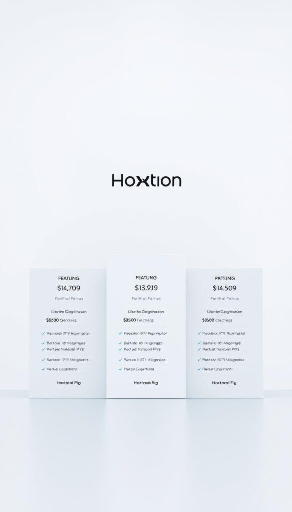 A modern, minimalist composition depicting the pricing plans of the Hoxtoon IPTV provider. In the foreground, a sleek table displays three distinct pricing tiers, each with a clear breakdown of features and costs. The table is rendered in a clean, sophisticated style with crisp lines and a neutral color palette. In the middle ground, a minimalist illustration of the Hoxtoon logo stands out, reinforcing the brand identity. The background is a subtle, soft-focus gradient, allowing the pricing information to take center stage. The overall mood is one of professionalism, clarity, and approachability, reflecting the Hoxtoon brand's commitment to providing affordable and accessible IPTV services.