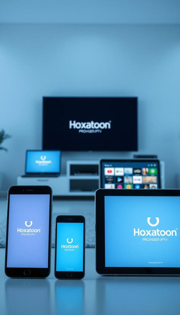 A modern, minimalist composition showcasing multiple digital devices displaying the Hoxtoon Provider IPTV interface. In the foreground, a sleek smartphone, tablet, and smart TV screen each depict the Hoxtoon platform's clean, intuitive UI. The middle ground features a laptop and streaming box, their screens illuminated with the Hoxtoon logo and channel grid. The background is a cool-toned, softly blurred interior setting, highlighting the versatility of Hoxtoon IPTV across a range of contemporary devices. Balanced lighting creates depth and emphasizes the devices' high-quality displays. The overall scene conveys the ease and accessibility of setting up Hoxtoon IPTV on multiple platforms.