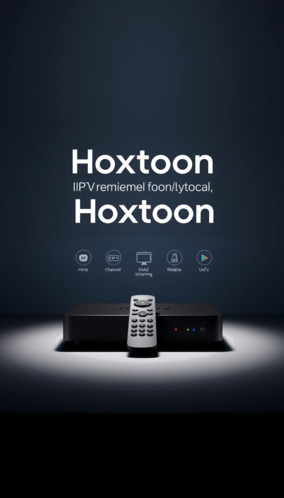 A modern, minimalist design showcasing the "Hoxtoon Provider" brand as the premier IPTV service. Set against a sleek, high-tech backdrop, the image depicts a stylized IPTV set-top box or remote control in the foreground, highlighted by dramatic lighting and crisp shadows. The middle ground features subtly integrated icons or graphics alluding to Hoxtoon's extensive channel lineup, reliable streaming, and user-friendly interface. The background is a subtly textured gradient, conveying a sense of sophistication and technological prowess. The overall mood is one of innovation, quality, and a premium streaming experience.