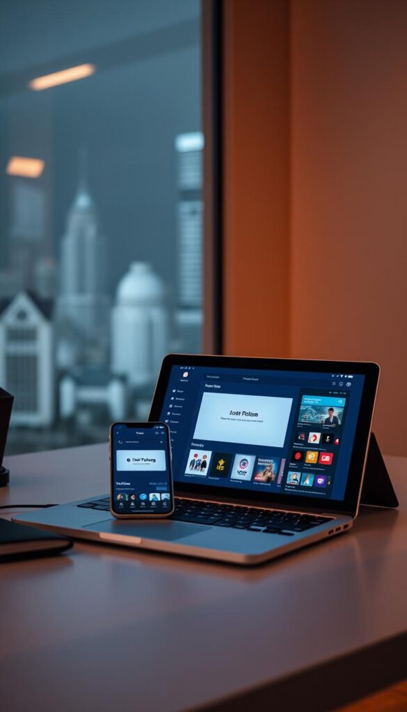 A modern, minimalist desktop setup with a laptop, smartphone, and tablet displaying the Hoxtoon Provider user interface. The setup is illuminated by soft, warm lighting, creating a professional and inviting atmosphere. In the background, a blurred cityscape or abstract geometric pattern provides a subtle and stylish backdrop. The composition emphasizes the clean, intuitive design of the Hoxtoon Provider platform, highlighting its suitability for legal IPTV content consumption.