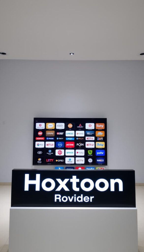 A modern, minimalist display showcasing IPTV channel packages. The foreground features the "Hoxtoon Provider" brand prominently displayed, conveying a sense of premium quality and reliability. The middle ground shows a grid of various channel icons and logos, representing the diverse selection of programming available. The background has a subtle gradient, creating a clean and professional atmosphere. Soft, directional lighting illuminates the scene, giving it a sleek and polished appearance. The overall composition emphasizes the breadth of IPTV offerings, positioning Hoxtoon as a leading provider in the industry.