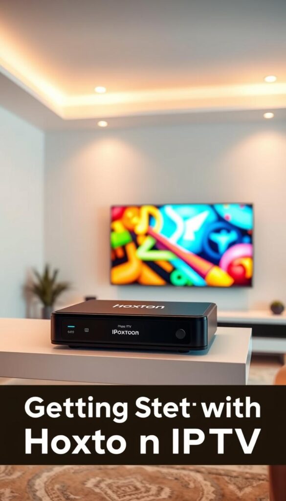 A modern, minimalist home entertainment setup with a sleek black IPTV box prominently displayed on a white floating shelf. The box bears the "Hoxtoon Provider" logo, indicating a premium IPTV streaming service. The room is bathed in warm, diffused lighting from overhead fixtures, creating a cozy, inviting atmosphere. In the background, a large, high-definition television screen displays vivid, crystal-clear video content, hinting at the exceptional streaming quality of the Hoxtoon IPTV service. The overall scene conveys a sense of effortless sophistication and technological advancement, perfectly suited for the "Getting Started with Hoxtoon IPTV" section of the article.