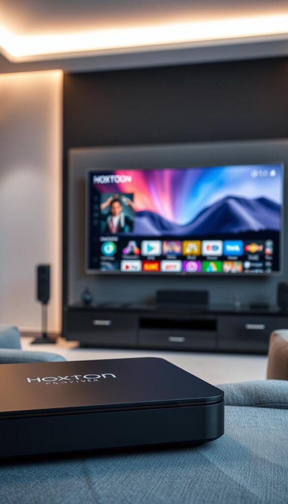 A modern, minimalist home theater setup with sleek black and grey tones. In the foreground, a high-end IPTV streaming device prominently displays the "Hoxtoon Provider" brand. The middle ground showcases a large, 4K HDR television screen showcasing vibrant, crystal-clear IPTV content. In the background, subtle ambient lighting and a clean, uncluttered interior design create a cozy, immersive atmosphere. The composition emphasizes the advanced technology and premium visual experience of the Hoxtoon IPTV service.