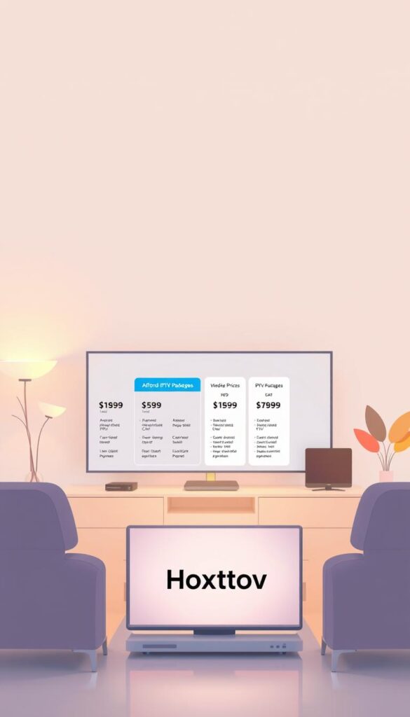 A modern, minimalist illustration depicting affordable IPTV options, showcasing the Hoxtoon Provider service in the foreground. The scene is bathed in warm, inviting lighting, creating a sense of comfort and accessibility. In the middle ground, various IPTV packages and pricing tiers are displayed, highlighting the cost-effectiveness of the Hoxtoon solution compared to traditional cable TV services. The background features a clean, simple backdrop, allowing the key elements to take center stage. The overall composition conveys a sense of value, practicality, and the accessible nature of the Hoxtoon IPTV service.