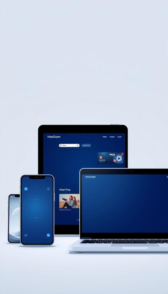 A modern, minimalist illustration depicting the seamless compatibility of the Hoxtoon Provider service across multiple devices. In the foreground, a smartphone, tablet, and laptop are arranged in a harmonious display, their screens showcasing different content. The devices are rendered in a sleek, futuristic style with clean lines and a subtle color palette. The middle ground features a neutral background, allowing the devices to take center stage. Soft, directional lighting illuminates the scene, creating a sense of depth and emphasizing the harmonious integration of the technology. The overall mood is one of efficiency, convenience, and the effortless accessibility of the Hoxtoon Provider platform, inviting the viewer to envision themselves seamlessly accessing entertainment content from anywhere, at any time.