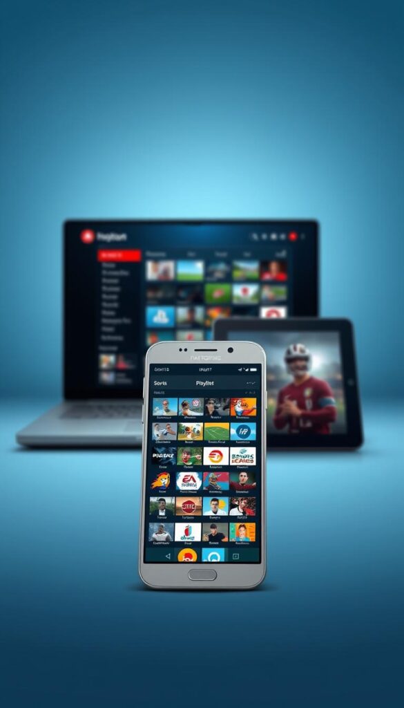 A modern, minimalist illustration of a multi-device IPTV sports playlist. In the foreground, a sleek, silver smartphone displays the "Hoxtoon Provider" interface, showcasing a crisp, high-resolution grid of sports channel icons. In the middle ground, a laptop and a tablet flank the smartphone, all connected and displaying the same playlist. The background features a subtle gradient in shades of blue, evoking a sense of digital connectivity and entertainment. Soft, ambient lighting creates a clean, professional atmosphere. The composition highlights the versatility and cross-platform compatibility of the "Hoxtoon Provider" IPTV service.