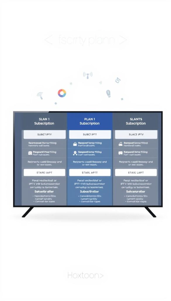 A modern, minimalist illustration of subscription plans for the Hoxtoon Provider IPTV service. In the foreground, a clean grid layout showcases the different plan tiers, each with distinct icons and pricing details. The middle ground features subtle graphic elements, such as signal waves or channel icons, to evoke the idea of a robust IPTV network. The background is a soft, muted gradient, allowing the plan details to take center stage. The overall aesthetic is professional, visually appealing, and aligned with the Hoxtoon brand identity.