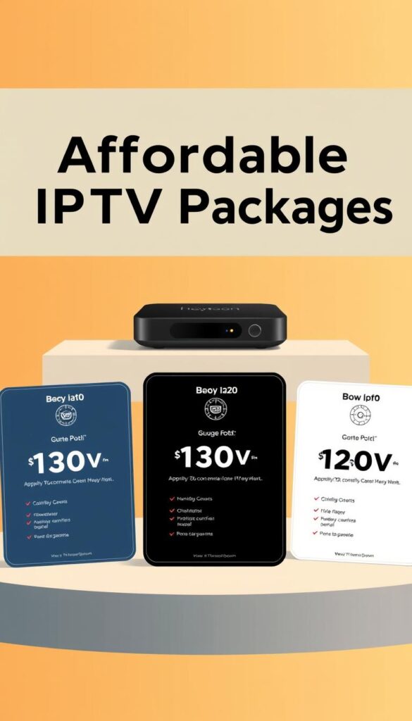 A modern, minimalist illustration showcasing affordable IPTV packages offered by Hoxtoon Provider. In the foreground, three neatly arranged packages with distinct pricing tiers, each highlighted by a soft spotlight. The packages feature clean typography, simple icons, and intuitive layouts, emphasizing value and accessibility. The mid-ground contains a sleek, futuristic device, possibly a streaming box or smart TV, hinting at the seamless integration of Hoxtoon's IPTV services. The background is a warm, gradient-based color scheme, creating a sense of premium quality and sophistication. The overall composition conveys a balance of affordability, quality, and the convenience of Hoxtoon's IPTV offerings.