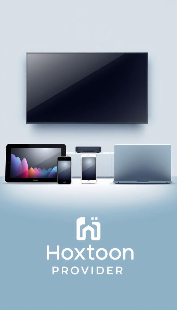A modern, minimalist illustration showcasing multi-device streaming capabilities. In the foreground, a Hoxtoon Provider logo is prominently displayed, conveying the brand's premium IPTV offering. The middle ground features a variety of contemporary electronic devices - a smart TV, a tablet, a smartphone, and a laptop - seamlessly connected and streaming content in harmony. The background is a clean, elegant gradient, creating a sense of sophistication and high-end technology. Soft, diffused lighting accentuates the devices, highlighting their sleek designs. The overall composition emanates a refined, premium aesthetic suitable for an article on premium IPTV subscriptions.