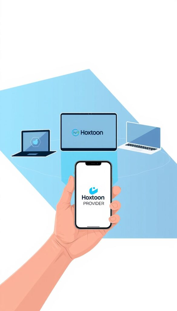 A modern, minimalist illustration showcasing the multi-device support of the Hoxtoon Provider service. In the foreground, a hand holds a smartphone displaying the Hoxtoon Provider logo, surrounded by holographic projections of other devices - a tablet, a laptop, and a smart TV - all seamlessly connected. The middle ground features a sleek, angular design in shades of blue and gray, creating a sense of technological sophistication. The background is a gradient of soft, neutral tones, allowing the devices to take center stage. Bright, directional lighting accentuates the clean lines and crisp details, conveying a sense of versatility and accessibility. The overall composition emphasizes the fluid, cross-platform experience offered by the Hoxtoon Provider service.