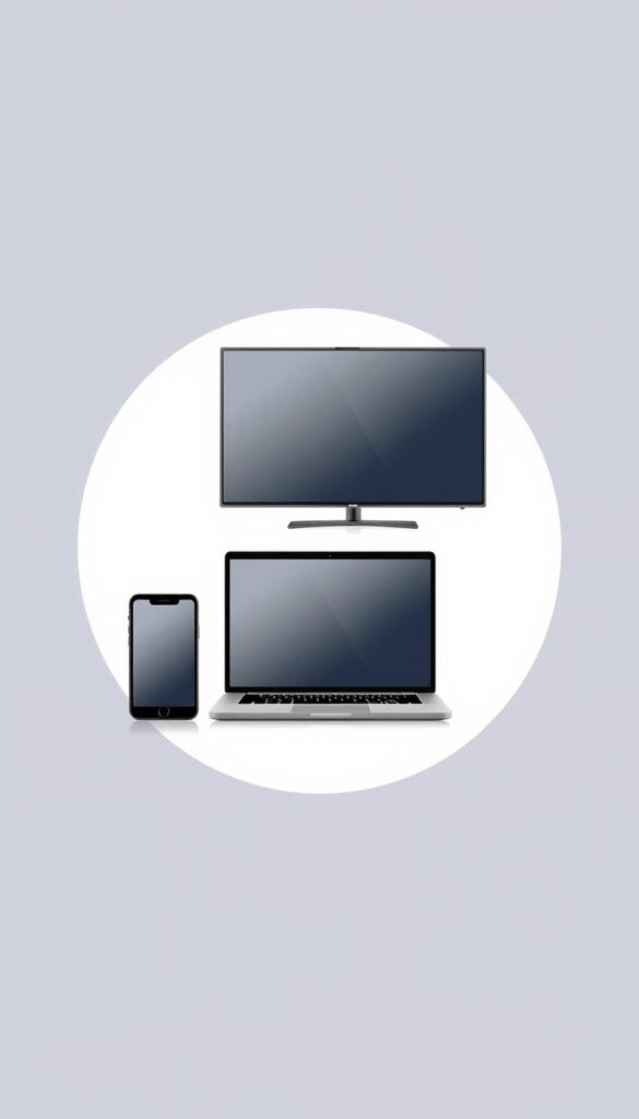 A modern, minimalist illustration showcasing various devices - a smartphone, tablet, laptop, and smart TV - arranged in a sleek, symmetrical layout against a plain background. The devices should be rendered in a high-quality, photorealistic style with subtle reflections and shadows, conveying a sense of technical sophistication. The overall composition should highlight the multi-device compatibility feature of the Hoxtoon Provider service, with a balanced, visually appealing design that communicates the versatility and accessibility of the platform across different hardware.