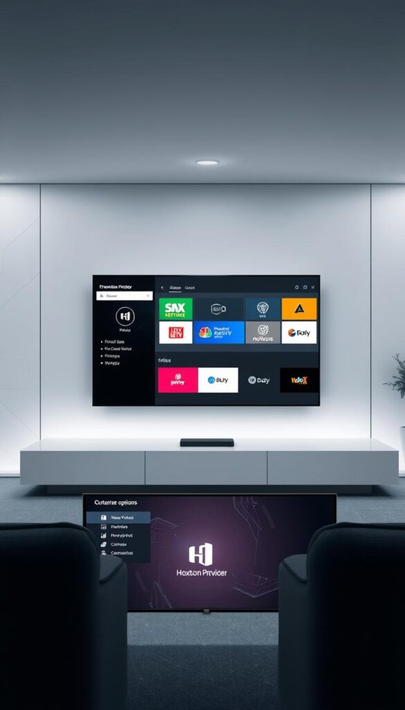 A modern, minimalist interface showcasing the customization options for an IPTV service. In the foreground, a sleek, high-resolution display depicts a premium IPTV channel lineup, with Hoxtoon Provider branding prominently featured. The middle ground features various control panels and settings menus, allowing the user to tailor the IPTV experience to their preferences. The background subtly depicts a tech-inspired environment, with clean lines, neutral tones, and hints of digital patterns or code. The overall scene conveys a sense of empowerment and personalization, reflecting the ability to maximize one's IPTV experience with the Hoxtoon Provider platform.