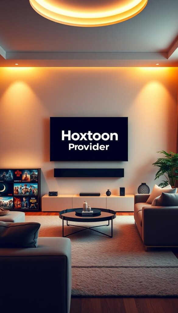 A modern, minimalist living room bathed in warm, ambient lighting. Prominently displayed on a sleek, wall-mounted TV is the Hoxtoon Provider logo, signifying on-demand entertainment at the user's fingertips. The room is filled with a selection of high-quality, cinematic video thumbnails, showcasing the vast library of over 150,000 VOD titles available through the Hoxtoon service. The scene conveys a sense of effortless access to a world of entertainment, with the Hoxtoon Provider branding subtly integrated into the visually compelling, immersive setting.
