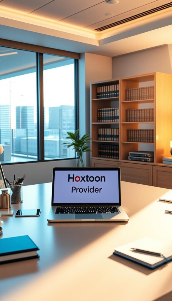 A modern, minimalist office interior with a large desk, an open laptop displaying the Hoxtoon Provider logo, and various office supplies neatly arranged. The scene is bathed in warm, natural lighting from a large window, creating a sense of professionalism and legality. In the background, a bookshelf with law books and legal documents suggests the subject matter of IPTV legality in the USA. The overall atmosphere conveys a trustworthy, established IPTV service provider that operates within the bounds of the law.