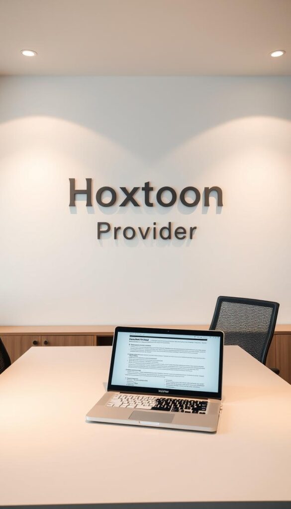 A modern, minimalist office interior with a large desk and ergonomic chair. The wall behind the desk features clean, elegant signage for the "Hoxtoon Provider" brand. On the desk, a laptop displays legal documents and regulations related to IPTV services. The lighting is soft and warm, creating a professional yet inviting atmosphere. The overall composition conveys a sense of responsible and compliant IPTV operations.