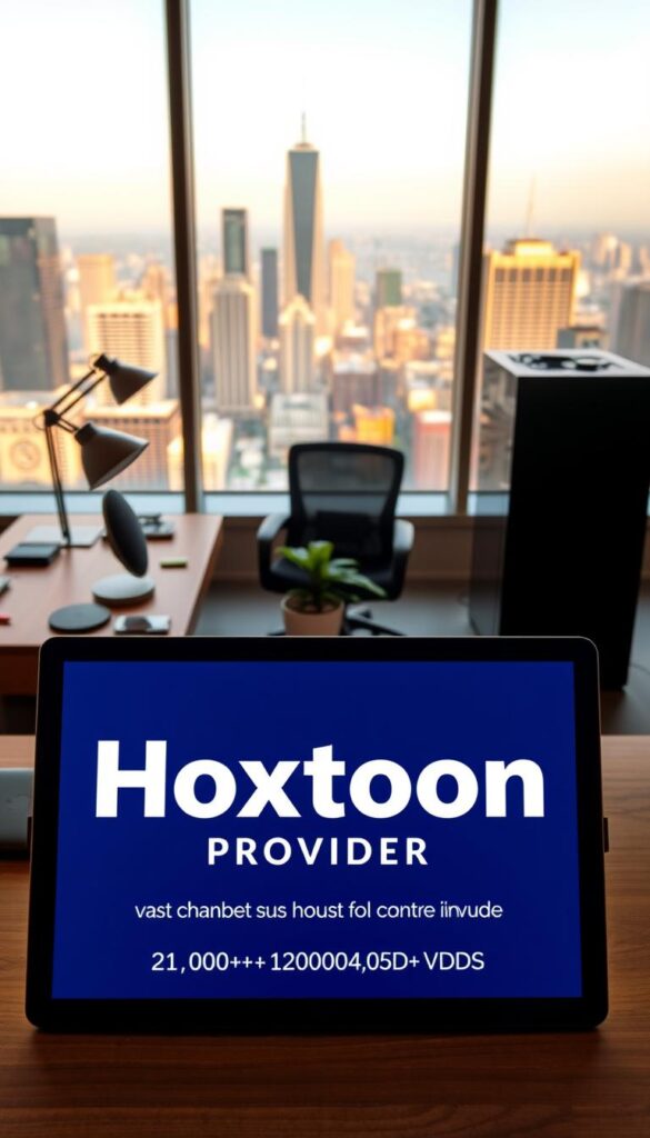 A modern, minimalist office interior with a large panoramic window overlooking a bustling city skyline. In the foreground, a sleek wooden desk with a high-end desktop computer, a stylish lamp, and a neatly organized set of office supplies. On the desk, a tablet or laptop prominently displays the "Hoxtoon Provider" logo, showcasing their comprehensive IPTV subscription services with a vast library of 21,000+ channels and 150,000+ VODs. The middle ground features a comfortable office chair and a small potted plant, creating a sense of balance and productivity. The background is bathed in warm, natural lighting, lending a professional and inviting atmosphere to the scene.