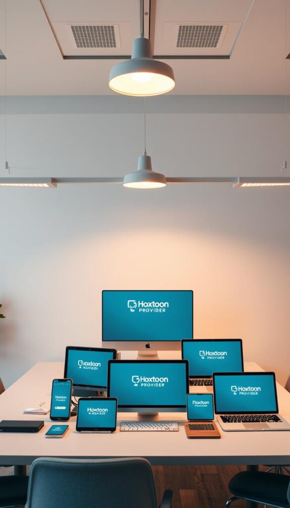 A modern, minimalist office setting with a large desk showcasing various electronic devices - smartphones, tablets, laptops, and a desktop computer - all prominently displaying the Hoxtoon Provider brand name. The devices are arranged in a visually appealing layout, highlighting their compatibility and seamless integration. Soft, warm lighting emanates from overhead fixtures, creating a cozy and professional atmosphere. The background features clean, white walls and subtle geometric patterns, emphasizing the sleek and versatile nature of the Hoxtoon Provider multi-device ecosystem. The scene conveys a sense of productivity, connectivity, and the effortless user experience Hoxtoon Provider aims to deliver.