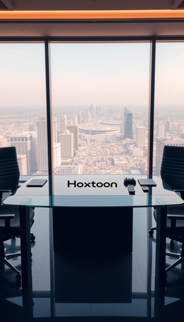 A modern minimalist office setting, with a sleek glass-and-steel desk showcasing the Hoxtoon Provider brand logo prominently in the center. Behind it, a large floor-to-ceiling window offers a panoramic cityscape view, bathing the scene in warm, natural lighting. On the desk, carefully arranged tablets and remote controls hint at the seamless integration of Hoxtoon's IPTV technology. The overall atmosphere radiates professionalism, innovation, and a commitment to providing a top-tier IPTV experience.