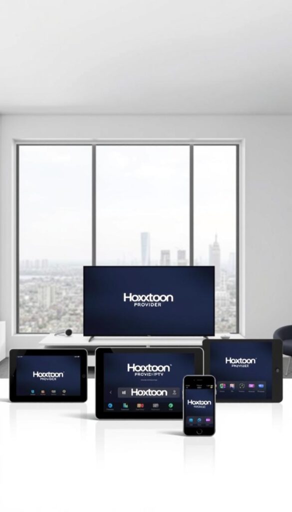 A modern, minimalist rendering of a contemporary home entertainment setup featuring the Hoxtoon Provider IPTV service. In the foreground, multiple devices including a smart TV, tablet, and smartphone are arranged, each displaying the Hoxtoon logo and interface. The middle ground showcases a sleek, high-tech media console, while the background features a clean, well-lit living room with large windows overlooking a city skyline. The scene conveys a sense of seamless multi-device compatibility, high-quality streaming, and the convenience of Hoxtoon's IPTV offering.