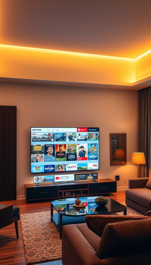 A modern, minimalist-style living room with a large flatscreen TV displaying a wide variety of high-quality IPTV channels from the Hoxtoon Provider. The room is bathed in warm, ambient lighting, creating a cozy and inviting atmosphere. The TV screen showcases a diverse range of content, from live news and sports to popular movies and TV shows, all with exceptional visual clarity and seamless playback. The overall scene exudes a sense of technological sophistication and entertainment at one's fingertips, reflecting the user experience and interface of the Hoxtoon IPTV service.