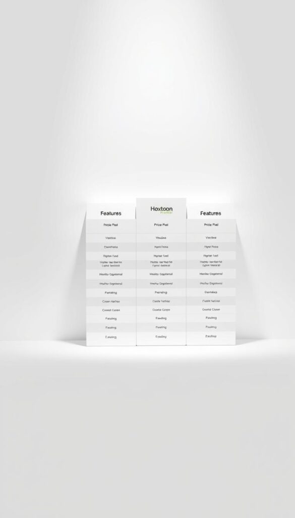 A modern, minimalist table showcasing the pricing plans for the Hoxtoon Provider service. The table is set against a clean, white background, with soft shadows and subtle highlights to create depth and dimension. The plan details are presented in a clear, easy-to-read format, with distinct columns for plan names, features, and pricing. The Hoxtoon Provider logo is prominently displayed at the top, reinforcing the brand identity. The overall aesthetic is professional, elegant, and focused on conveying the key information in a visually appealing manner.