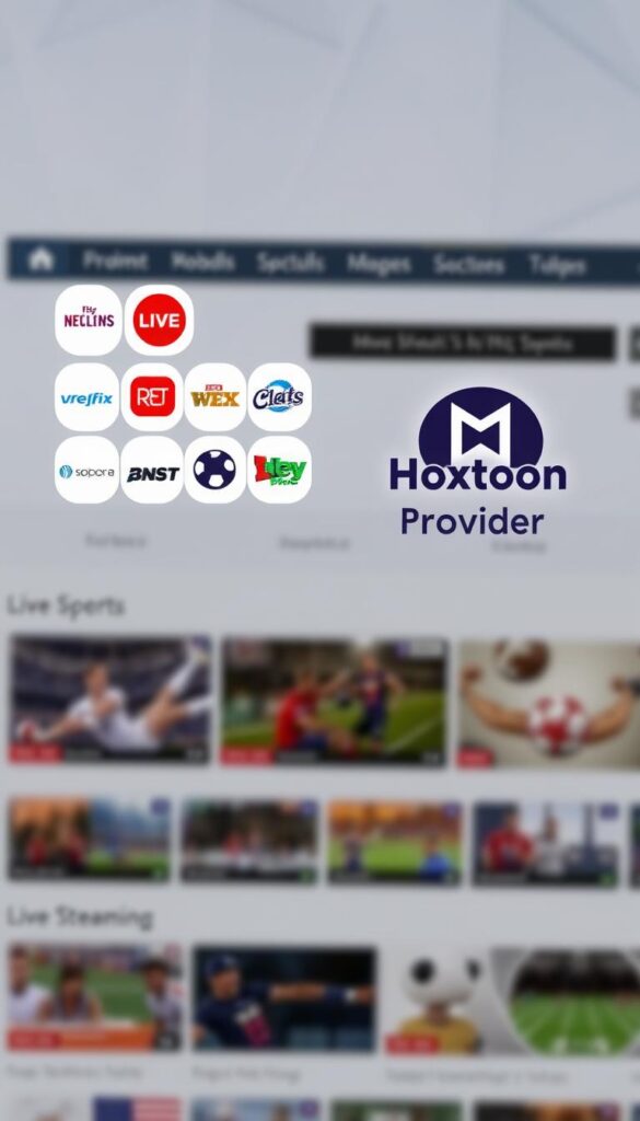 A modern, minimalist website interface featuring a sleek navigation bar at the top, displaying various free sports streaming site logos and icons in the foreground. In the middle ground, a grid of thumbnail images showcasing live sports events and matches currently available for streaming. The background has a subtle, out-of-focus pattern or texture, creating a clean and professional aesthetic. The Hoxtoon Provider logo is prominently displayed in the top right corner, emphasizing its role as the provider of these free sports streaming options.