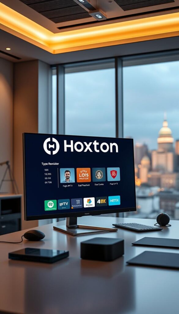 A modern office interior with a large computer monitor showcasing the Hoxtoon Provider logo and IPTV service interface. The monitor is positioned on a sleek, minimalist desk, surrounded by high-end office accessories. Soft, directional lighting illuminates the scene, creating a warm and professional atmosphere. The background features a blurred cityscape view through a large window, suggesting a bustling urban environment. The overall composition conveys a sense of efficiency, technological innovation, and a successful IPTV subscription service.