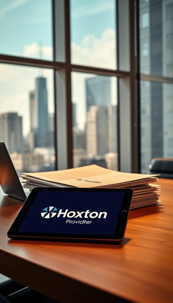 A modern office interior with a large window overlooking a city skyline. A desk with a laptop and a stack of documents labeled "IPTV Legal Considerations". In the foreground, a Hoxtoon Provider logo is prominently displayed on a tablet device. The lighting is warm and natural, creating a professional and authoritative atmosphere. The image conveys a sense of thoughtful analysis and legal compliance within the IPTV industry.