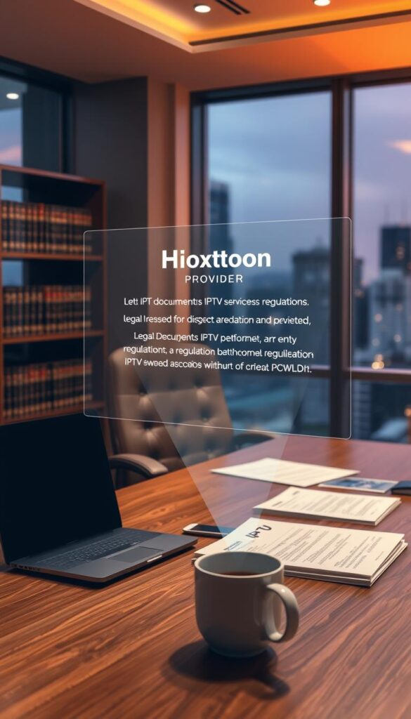 A modern office interior with a large window overlooking a city skyline. In the foreground, a wooden desk with a laptop, papers, and a mug of coffee. On the desk, a holographic projection displays legal documents and regulations related to IPTV services, with the Hoxtoon Provider logo prominently featured. The middle ground features a leather chair and a bookshelf filled with legal texts. The background is softly lit, with warm, ambient lighting creating a professional and contemplative atmosphere.