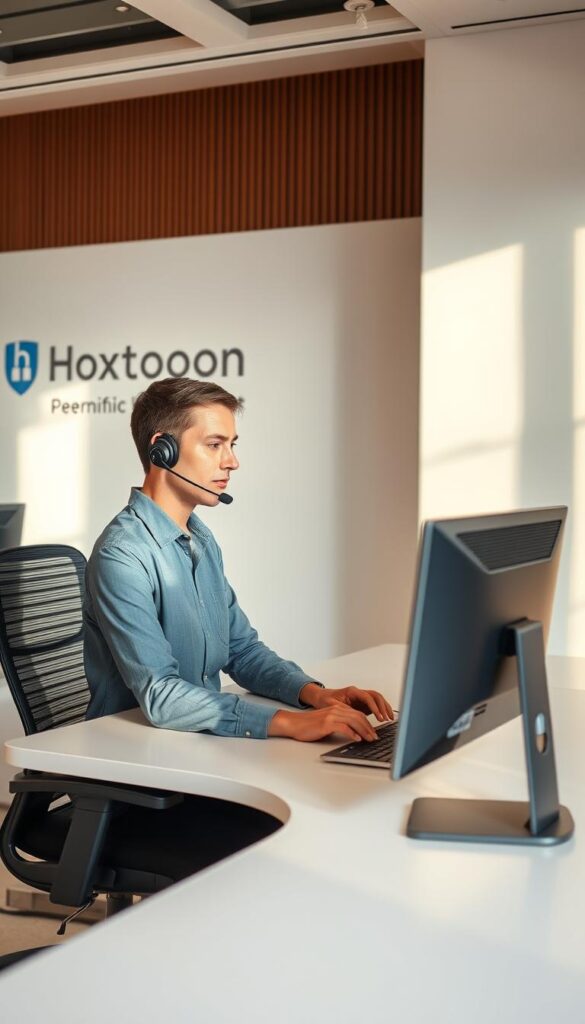 A modern office setting with a customer service representative providing technical support for the Hoxtoon Provider premium IPTV service. The agent is sitting at a clean, minimalist desk, wearing a professional headset and focused intently on their computer screen, ready to assist clients with any questions or issues. The background features subtle branding elements, conveying a sense of reliability and dedication to customer satisfaction. Warm, natural lighting illuminates the scene, creating a calm and approachable atmosphere. The overall composition emphasizes the importance of responsive, high-quality support for premium IPTV users.