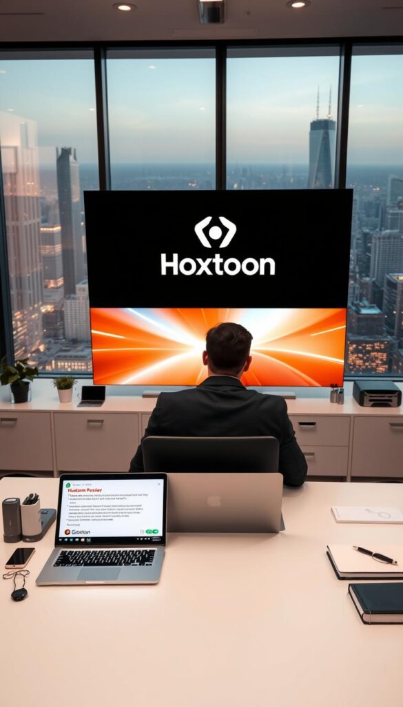 A modern office setting with a large desk, a laptop, and various office supplies. In the foreground, a person sitting at the desk, examining customer reviews on the laptop screen. The reviews are positive, highlighting the reliability and quality of the "Hoxtoon Provider" IPTV service. The middle ground features a sleek, high-tech display showcasing the Hoxtoon logo and branding. The background includes a large window overlooking a cityscape, with a warm, golden light filtering in, creating a professional and inviting atmosphere.