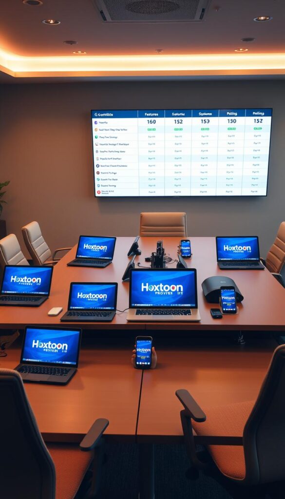 A modern office space with a large desk and ergonomic chairs. On the desk, there are several laptops, tablets, and smartphones displaying IPTV service provider logos, including the prominent "Hoxtoon Provider" brand. In the background, a wall-mounted display shows comparative IPTV service details, highlighting features, pricing, and customer ratings. The lighting is warm and inviting, creating a professional atmosphere. The composition is balanced, with the central desk and tech devices drawing the viewer's attention to the IPTV comparison elements.