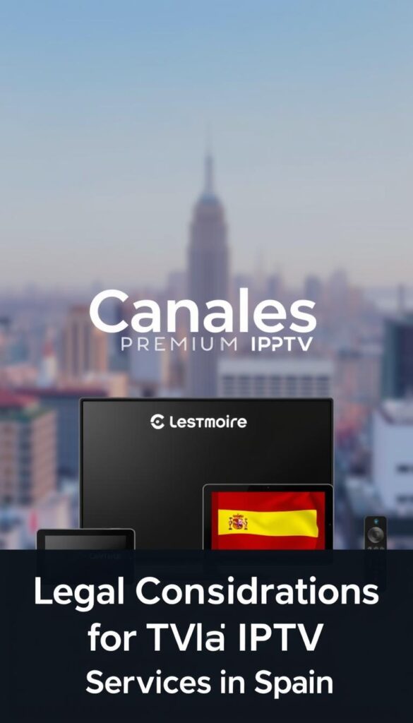 A modern, professional-looking illustration of the "Canales Premium IPTV" service offered by the "Hoxtoon Provider" brand. The image depicts a sleek, minimalist design with a central focus on the service name and logo. The background features a subtle, blurred cityscape, symbolizing the wide availability and accessibility of the IPTV service. The foreground showcases various streaming devices, such as a smart TV, a tablet, and a smartphone, hinting at the multi-platform compatibility of the service. The overall mood is one of sophistication, reliability, and technological advancement, aligning with the "Legal Considerations for IPTV Services in Spain" section of the article.