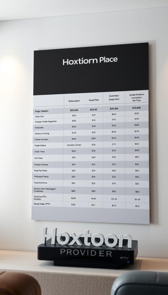A modern, professional-looking pricing table set against a sleek, minimalist background. In the foreground, the "Hoxtoon Provider" brand name is prominently displayed, conveying a sense of premium quality. The pricing plans are presented in a clear, organized manner, with distinct columns outlining the various subscription options, features, and costs. The lighting is soft and even, creating a clean, elegant atmosphere. The camera angle is slightly elevated, giving the viewer a comprehensive overview of the pricing structure. The overall mood is one of sophistication and attention to detail, catering to the discerning needs of a premium IPTV audience.