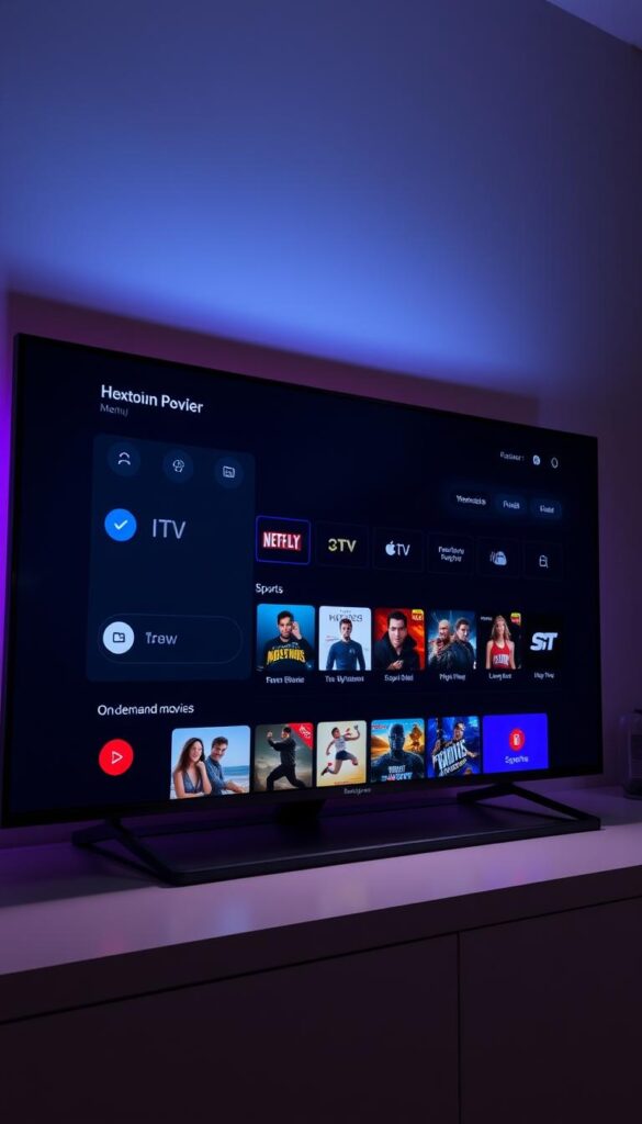 A modern, responsive user interface for the Hoxtoon Provider streaming platform. The screen displays a clean, minimalist design with a dark color scheme and subtle textures. The main menu is prominently featured, showcasing various content categories like live TV, on-demand movies, and sports. The interface utilizes large, high-quality thumbnails and sleek icons to create an intuitive and visually appealing navigation experience. Soft, directional lighting illuminates the screen, creating a sense of depth and highlighting the UI elements. The overall atmosphere conveys a premium, cutting-edge feel, reflecting the Hoxtoon Provider's commitment to delivering a top-notch streaming service.