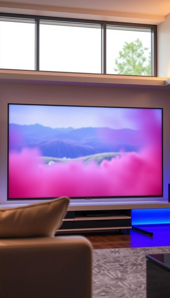 A modern, sleek 4K television with a large, vibrant display, showcasing sharp, detailed visuals. The screen is surrounded by a slim, minimalist black frame, creating a clean, high-end aesthetic. The television is situated in a well-lit, contemporary living room, with soft, diffused lighting illuminating the scene. In the background, a large window provides a glimpse of a serene, natural landscape, creating a sense of harmony and relaxation. The television is prominently displayed, highlighting its role as the centerpiece of the room and the focus of the "Hoxtoon Provider" 4K IPTV streaming experience.