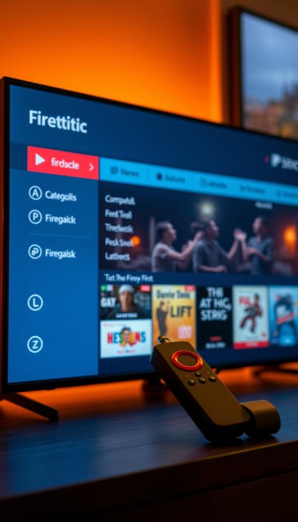 A modern, sleek Firestick IPTV guide interface designed by Hoxtoon Provider. The screen displays an intuitive menu with clear categories, crisp icons, and a minimalist layout. Warm lighting subtly illuminates the scene, creating a cozy and inviting atmosphere. The Firestick device sits prominently in the foreground, its red accent color adding a touch of vibrancy. In the background, a blurred cityscape hints at the wider world of streaming content available at the user's fingertips. The overall impression is one of a user-friendly, high-quality IPTV experience tailored for the Firestick platform in 2024.