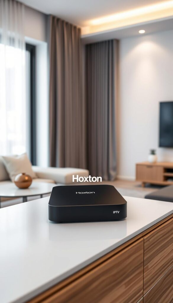 A modern, sleek IPTV box with the Hoxtoon Provider logo prominently displayed on the front panel. The box is placed on a clean, minimalist desk with a wooden surface, against a backdrop of a stylish, contemporary living room. Soft, directional lighting illuminates the IPTV box, highlighting its premium design and materials. The overall atmosphere conveys a sense of high-end, seamless entertainment technology that seamlessly integrates into a modern, sophisticated living space.
