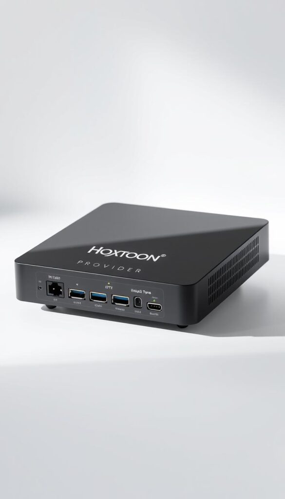 A modern, sleek IPTV device with the "Hoxtoon Provider" logo prominently displayed on its minimalist exterior. The device is positioned in the center of the frame, with a clean white background creating a sense of focus and sophistication. The device's multiple ports and connectivity options are clearly visible, suggesting its ability to connect to a variety of devices. Soft, directional lighting from the left illuminates the device, casting subtle shadows and highlights that accentuate its form and details. The overall mood is one of technological prowess, versatility, and premium quality, reflecting the "IPTV Gold Premium" offering.