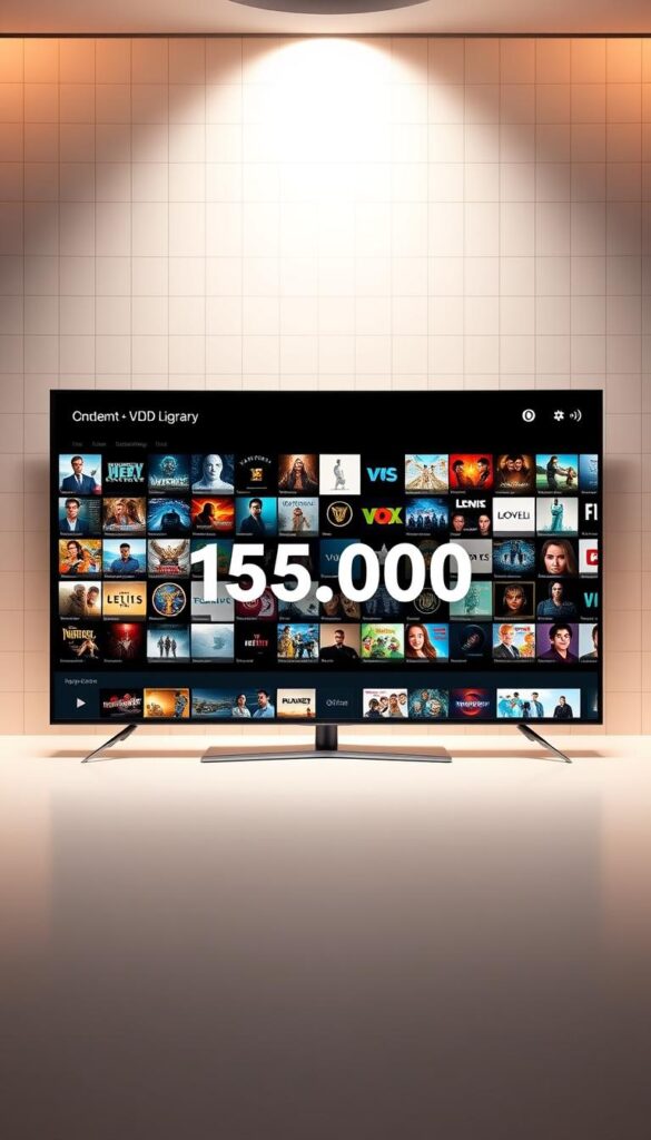 A modern, sleek IPTV package interface showcasing the vast on-demand video library of the Hoxtoon Provider. In the center, a large grid of thumbnails representing the 150,000+ VOD options available, with a clean and intuitive layout. The background features a subtle grid pattern evoking a technological, futuristic aesthetic. Soft, diffused lighting creates a warm, inviting atmosphere, drawing the viewer's eye to the abundant entertainment options. The overall composition conveys a sense of endless possibilities and a premium, high-quality IPTV experience.