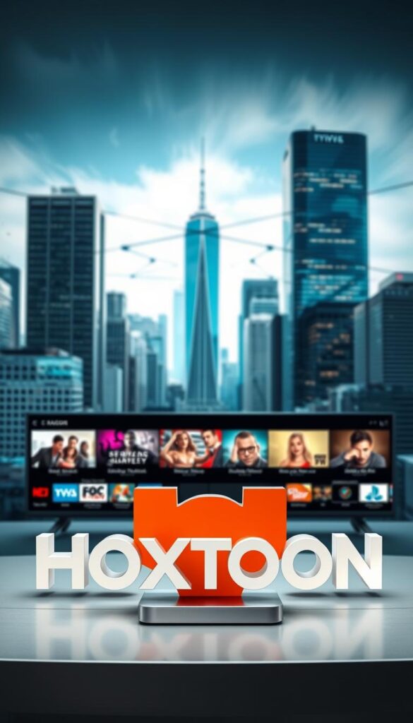 A modern, sleek IPTV service called Hoxtoon Provider, set against a dynamic cityscape backdrop. In the foreground, the Hoxtoon logo is prominently displayed, its bold typography and vibrant colors commanding attention. The middle ground features a lineup of popular streaming channels and content, suggesting the wide variety of entertainment options available. In the background, a network of skyscrapers and dynamic urban elements create a sense of technological sophistication and innovation. The lighting is crisp and dynamic, highlighting the service's cutting-edge nature. The overall composition conveys a professional, high-quality IPTV experience tailored for the discerning US market.