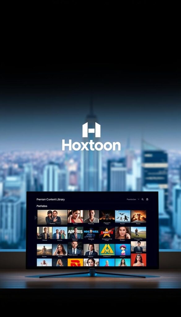 A modern, sleek IPTV service interface showcasing the Hoxtoon Provider brand. In the foreground, a minimalist dashboard displays a grid of high-quality video thumbnails, representing the premium content library. The middle ground features a prominent Hoxtoon logo, subtly integrated into the design. The background is a softly blurred cityscape, conveying a sense of urbanity and connectivity. The overall scene is illuminated by a cool, balanced lighting, capturing a professional, technology-driven atmosphere.