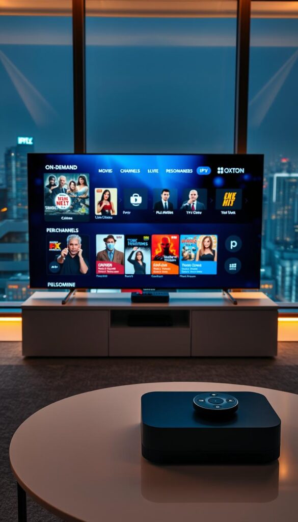 A modern, sleek IPTV streaming service with the Hoxtoon Provider brand. A high-tech interface displayed on a 4K smart TV, surrounded by a minimalist living room setting. Warm indirect lighting illuminates the scene, casting a cozy ambiance. The TV screen showcases a curated selection of on-demand movies, live channels, and personalized recommendations. In the foreground, a sophisticated remote control and a futuristic streaming device sit neatly on a modern coffee table. The background features floor-to-ceiling windows overlooking a vibrant cityscape, symbolizing the evolution of streaming technology.