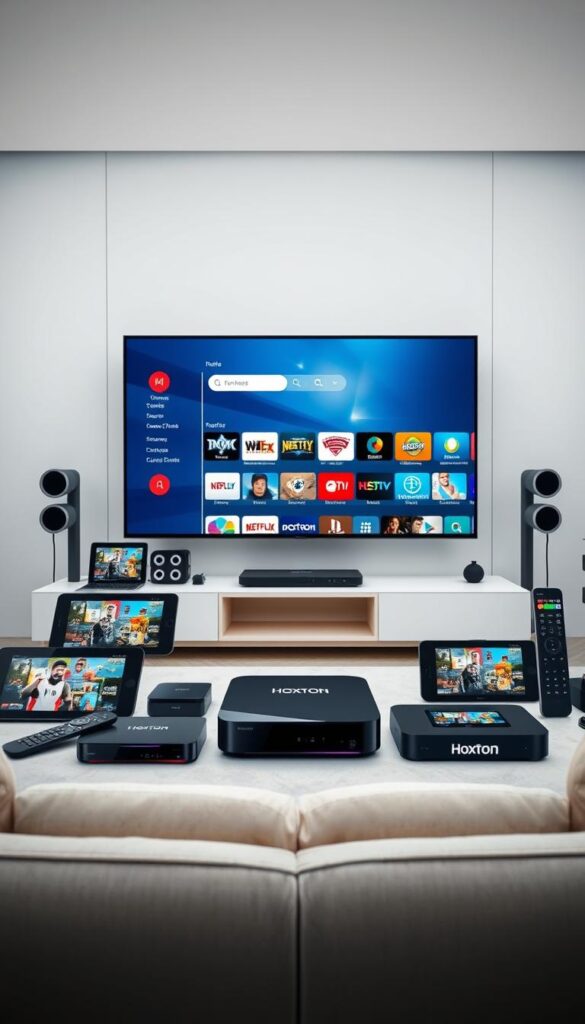 A modern, sleek IPTV streaming setup with the Hoxtoon Provider brand prominently displayed. In the foreground, an array of various internet-connected devices - smart TVs, tablets, smartphones, and streaming boxes - all seamlessly connected and accessing the Hoxtoon IPTV service. The middle ground showcases the intuitive Hoxtoon user interface on a large, high-resolution display, highlighting the breadth of live channels and on-demand content available. The background depicts a minimalist, tech-forward environment with clean lines and muted tones, creating a sense of sophistication and versatility. Bright, diffused lighting and a shallow depth of field focus the viewer's attention on the main subject matter - the multi-device compatibility and content-rich IPTV experience provided by Hoxtoon.