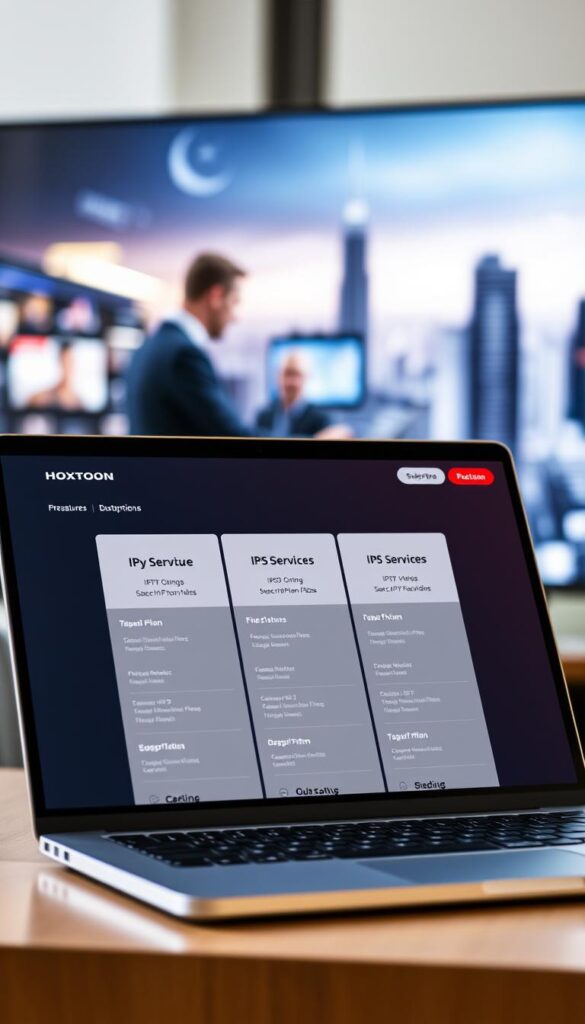 A modern, sleek IPTV subscription plans interface displayed on a laptop or tablet device, showcasing the Hoxtoon Provider brand. The foreground features a clean, minimalist design with tiled subscription plan options, highlighting features and pricing. The middle ground shows a user interacting with the interface, browsing plans. The background depicts a blurred cityscape or technology-inspired setting, conveying a sense of connectivity and entertainment. The lighting is soft and warm, creating a welcoming atmosphere. The composition emphasizes balance, clarity, and the premium quality of the Hoxtoon IPTV service.